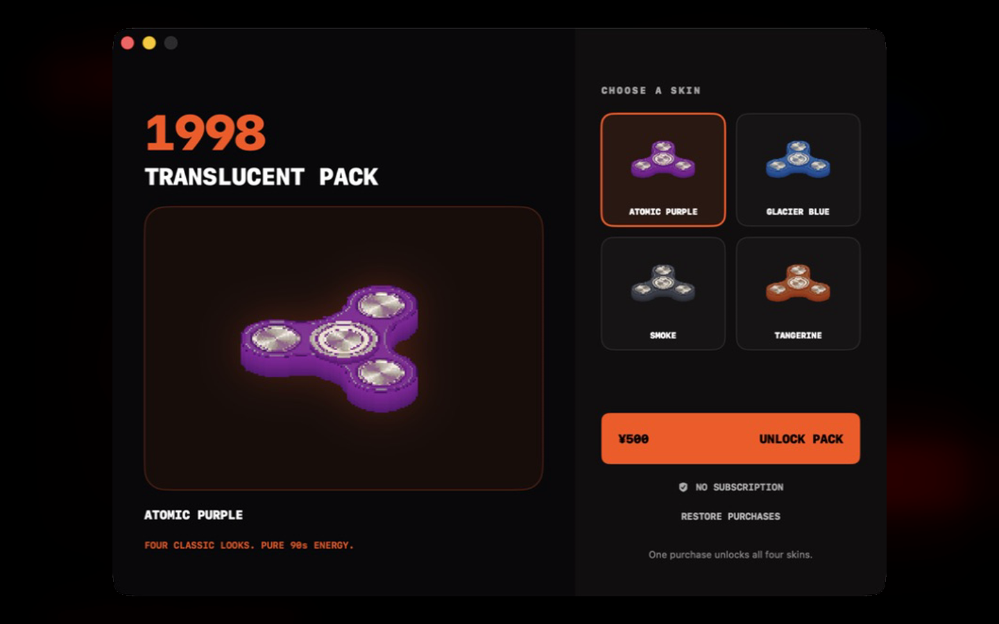 Hand Spinner’s skin picker with four skins, a one-time unlock button and Restore Purchases